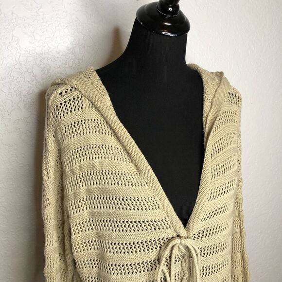 II Sisters tan open crochet knit v neck hooded sweater tunic size M/L - Picture 2 of 16